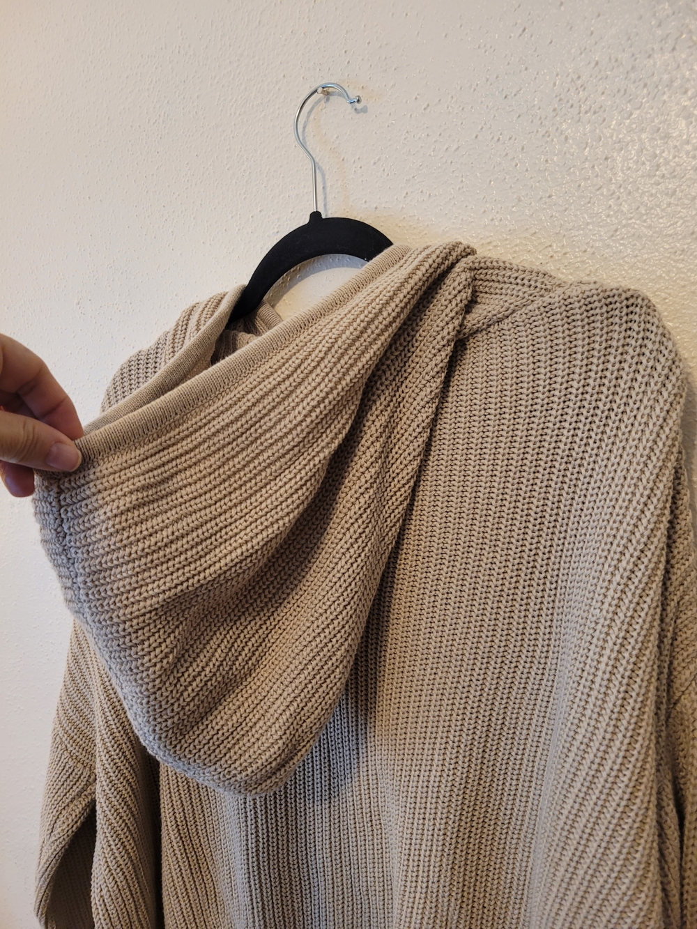 Wishlist Chunky Knit Hooded Sweater Beige Red Trim 100% Cotton Medium - Picture 7 of 9